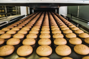 Automatic bakery production line with sweet cookies on conveyor belt equipment machinery in confectionary factory workshop, industrial food production