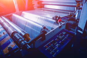 Modern automated production line in factory. Plastic bag manufacturing process.