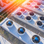 Industry equipment Air conditioning of plant, drone aerial top view of roof.