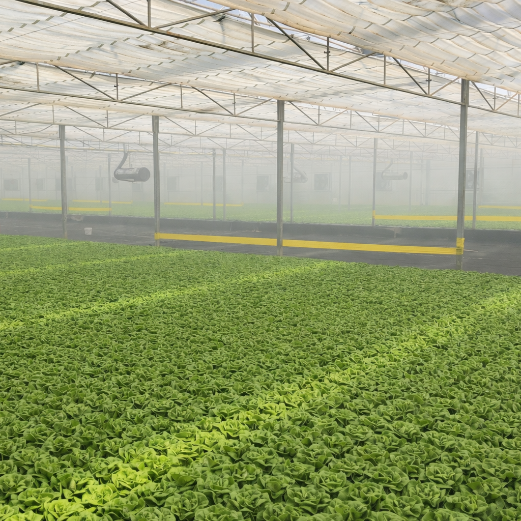 large commercial greenhouse with rows of butter lettuce and light mist