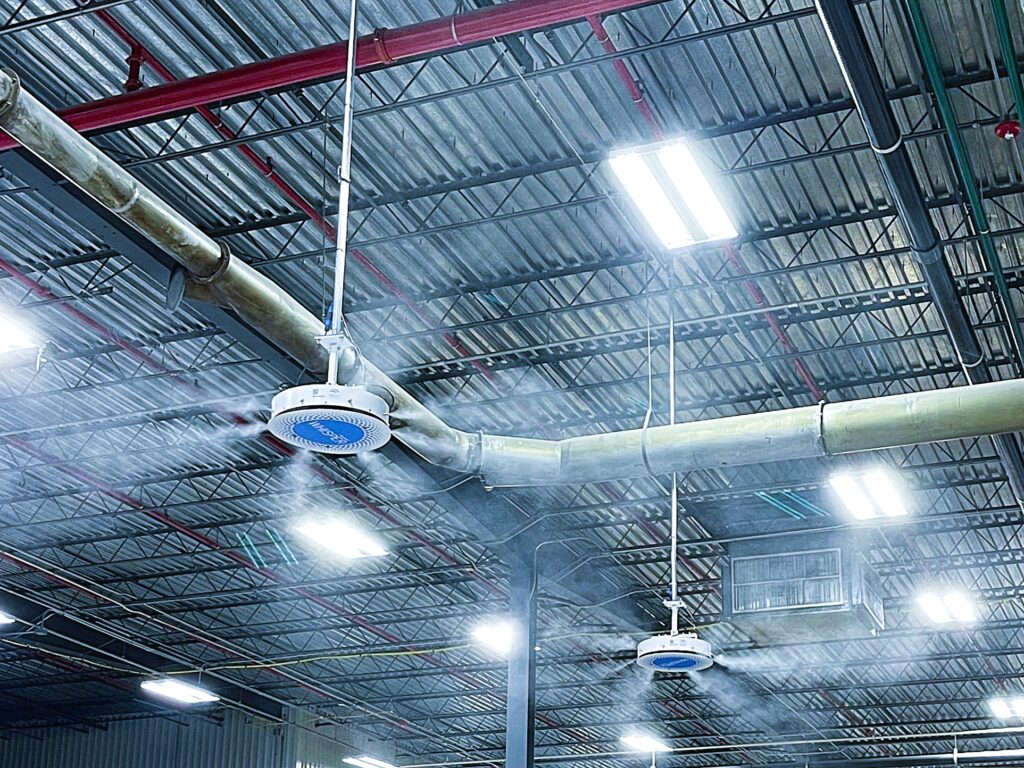 MicroCool whisper humidifiers installed in manufacturing warehouse