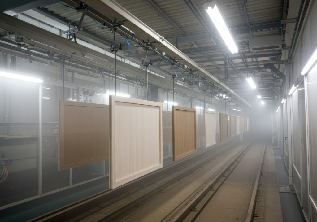A long industrial conveyor system moves numerous square wooden panels through a misty paint booth. The panels hang suspended, showcasing various wood tones. The background is a factory interior with a concrete floor and overhead lighting. The atmosphere is hazy due to the paint process, creating a somewhat muted, industrial feel. The scene depicts automated manufacturing and wood finishing.