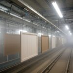 A long industrial conveyor system moves numerous square wooden panels through a misty paint booth. The panels hang suspended, showcasing various wood tones. The background is a factory interior with a concrete floor and overhead lighting. The atmosphere is hazy due to the paint process, creating a somewhat muted, industrial feel. The scene depicts automated manufacturing and wood finishing.
